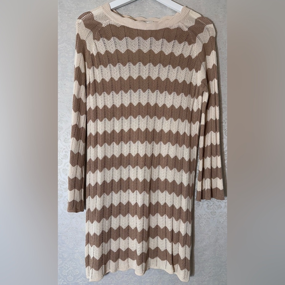 Anna Kay. Crochet Striped Brown Tan and Cream Women Sweater Dress Small - Picture 2 of 6